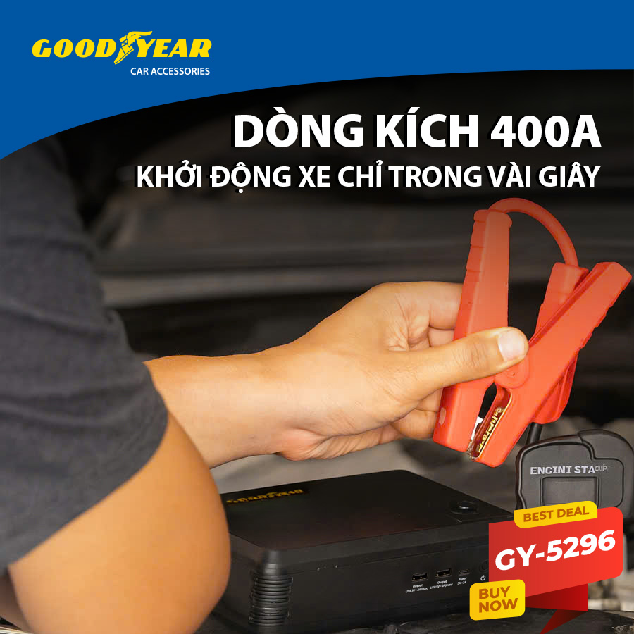 Bộ kích điện+bơm hơi Goodyear GY-5296 12V 10400mAh - 400A - 38.48Wh-2.6A 150PSI-21L/min mặt đồng hồ điện tử
