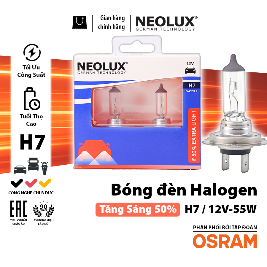 Bóng Halogen Tăng Sáng 50% H7 12V 55W N499EL-2SCB Hiệu Neolux