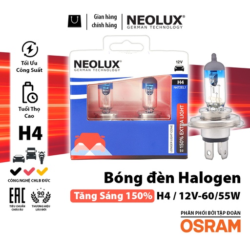[BDNLXH412VN472EL1150] Bóng Halogen Tăng Sáng 150% H4 12V 60/55W N472EL1-2SCB Hiệu Neolux