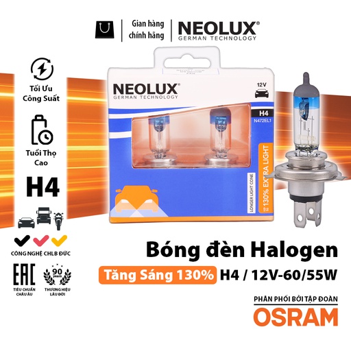 [BDNLXH412VN472EL1130] Bóng Halogen Tăng Sáng 130% H4 12V 60/55W N472EL1-2SCB Hiệu Neolux